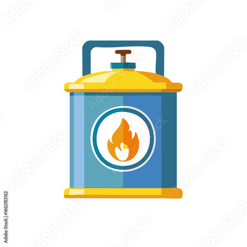 Isolated Gas Cylinder Icon Featuring Flame in Blue and Yellow with Handle for Transportation and Storage of Gas Products