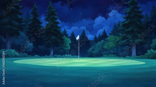 Serene Nighttime Golf Course with Neon Glow and Dark Sky