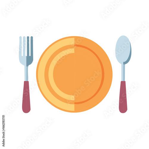 Minimalist flatware arrangement featuring a light orange plate with a metal fork and spoon ready for a meal or culinary design