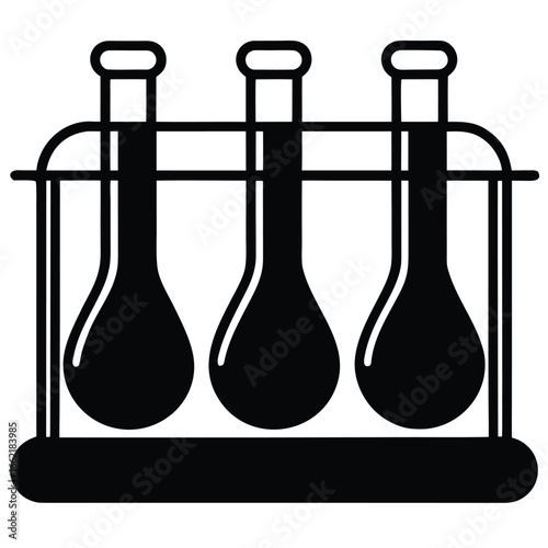 Three laboratory flasks in a rack science chemistry