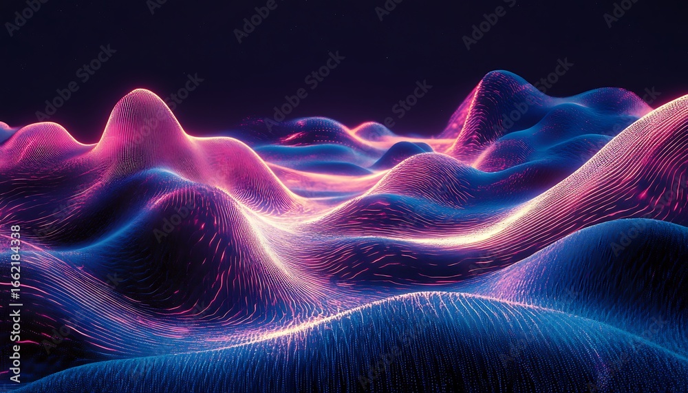 Fototapeta premium Abstract 3D Landscape Blue and Pink Lines, Digital Terrain, Dark Background