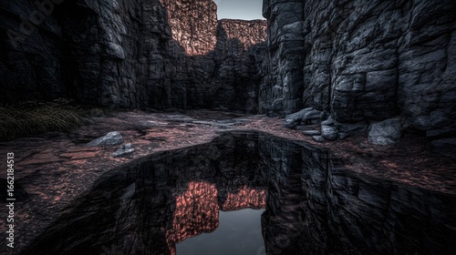 Dramatic Rocky Canyon Landscape Reflection in Still Water