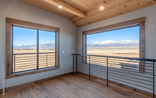 Stunning Mountain View Loft Room Interior Design with Wood Beams and Large Windows