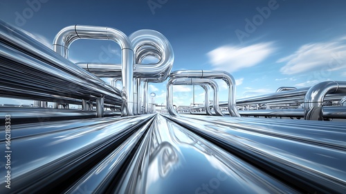 Industrial Pipeline System with Blue Sky Background, Metal Pipes and Valves
