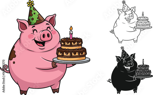 Cartoon pig wearing party hat holding birthday cake illustration
