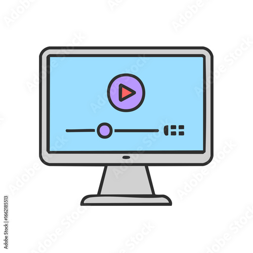 A computer monitor displaying a video player interface, with a play button in the center. It is surrounded by a progress bar and various control buttons