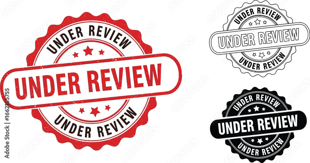 Obraz premium Three under review stamps in red black and outline on white background