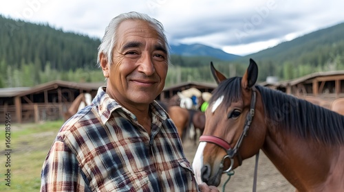 Smiling Rancher with Horses in Mountain Ranch