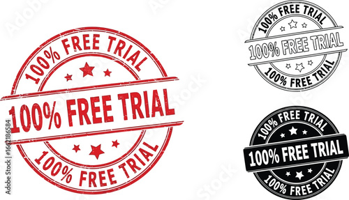 Three stamps displaying one hundred percent free trial promotion