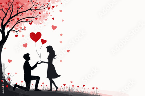 Silhouette of couple against tree with love hearts and flowers in a romantic atmosphere