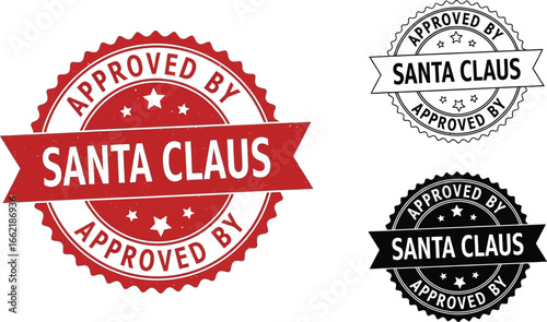 Three santa claus approved by stamps in red white and black colors