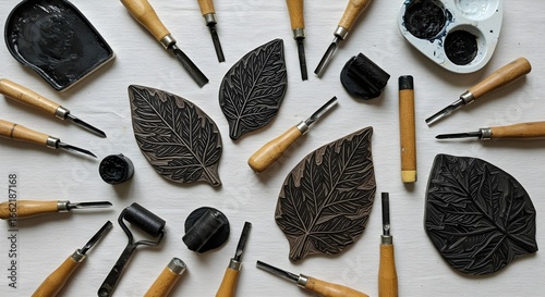 An overhead shot of linocut tools and leaf shaped linoleum blocks on a white surface showing craft supplies