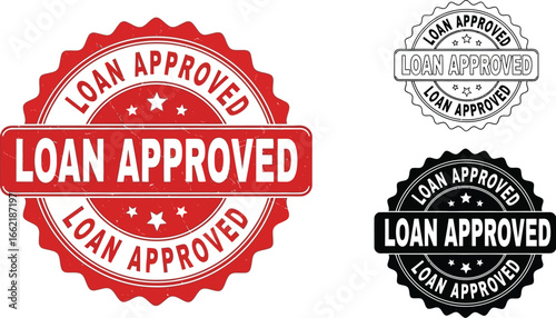 Three loan approved stamp designs in red black and outline style