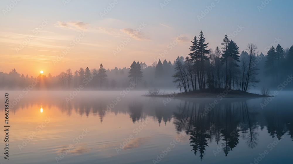 Fototapeta premium Serene Sunrise Over Misty Lake and Reflected Trees