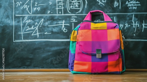 Colorful backpack in classroom with chalkboard mathematics concepts