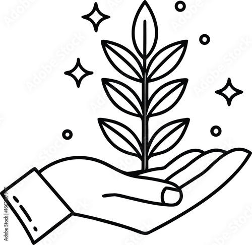 Hand gently holds a sprouting plant seedling