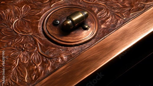 Closeup Embossed Copper Floral Design Box Lid Latch Detail