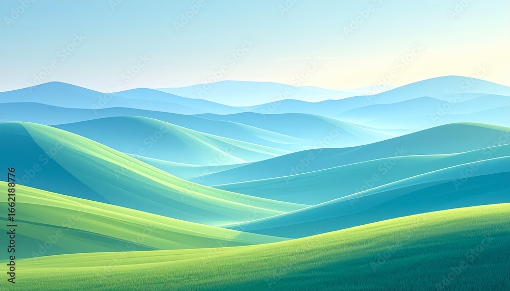 Obraz premium Serene Green Hills Landscape Peaceful Rolling Hills Summer Sunrise.