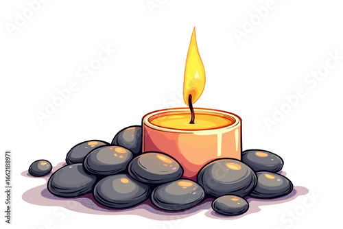 Spa candle on pebbles with warm light creating a soothing atmosphere on a transparent background