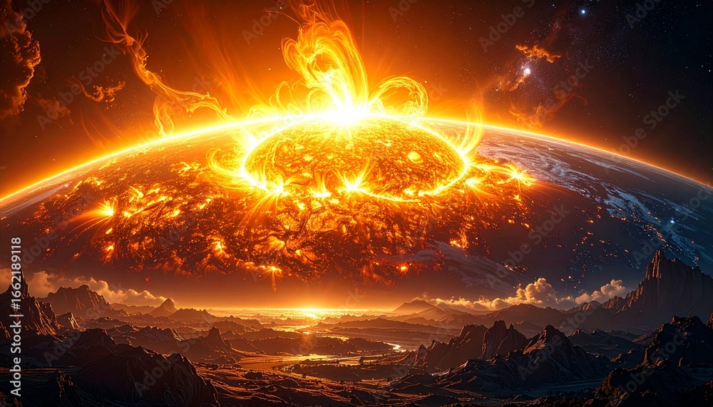Fototapeta premium Fiery Cosmic Explosion Over Alien Planet Landscape.