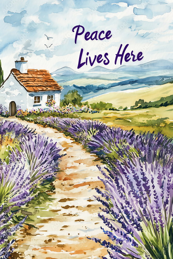 Fototapeta premium Charming lavender pathway leading to countryside cottage with scenic landscape: concept of home decor, greeting cards, travel promotions