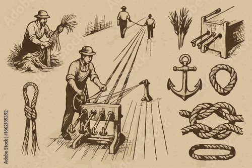 Vintage Rope Making Process Illustration - Historical Industrial Production