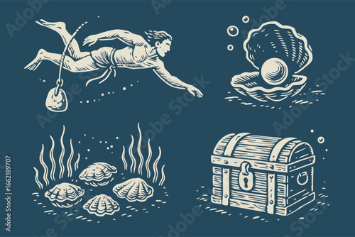 Scuba Diver, Treasure Chest, and Pearl in Shell Underwater Engraving
