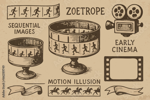 Zoetrope and Early Cinema Engraving Illustration