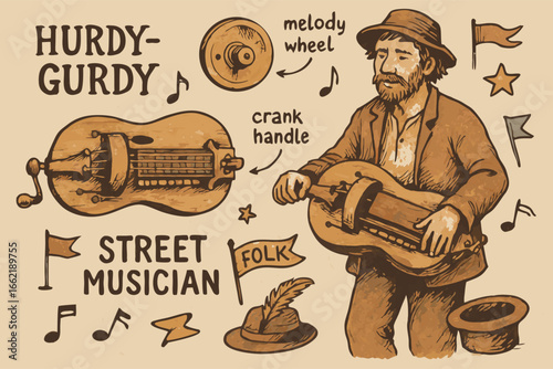 Hurdy-Gurdy Street Musician Sketch with Instrument Details