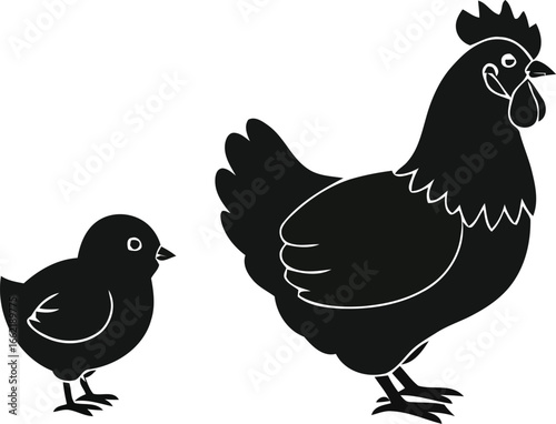 A cartoon illustration of chickens in color and black and white