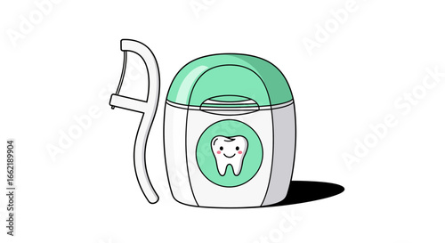 Cartoon vector of dental floss container and a dental floss pick, symbolizing daily oral hygiene for clean teeth and healthy gums, essential for a bright smile and fresh breath