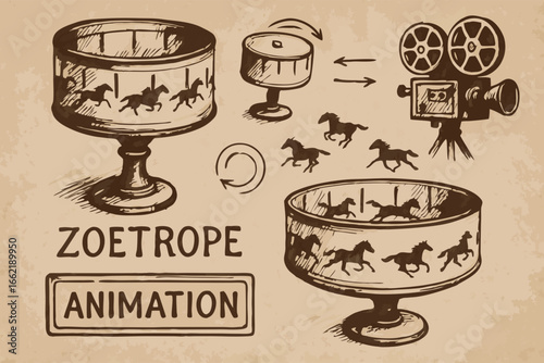 Zoetrope Animation Device, Vintage Illustration, Antique Motion Toy
