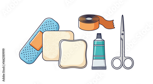 First Aid Supplies Collection Featuring Bandages, Gauze, Ointment, Tape, and Scissors on a White Background