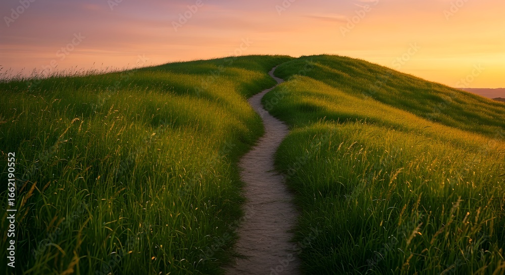 Obraz premium A winding path through a grassy hill at sunset with a soft orange glow in the background sky above it