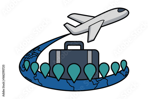 A graphic illustration of an airplane flying over a suitcase on a world map with location pins