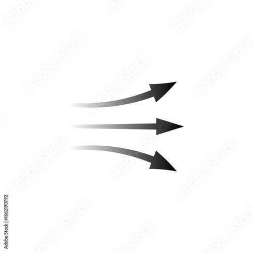 Three black arrows symbolize air movement. they bend and taper, representing dynamic direction.