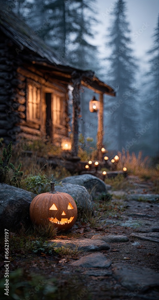custom made wallpaper toronto digitalSpooky log cabin at twilight, lit by jack-o'-lantern and lanterns