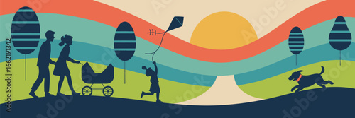 A family enjoying a day outdoors with a kite stroller and dog against a colorful landscape background art