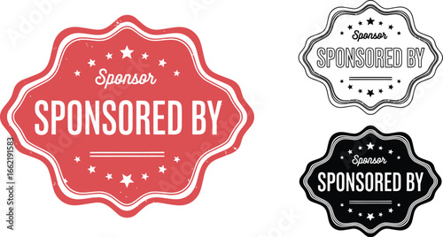 Three sponsor logos in red black and white with star decorations