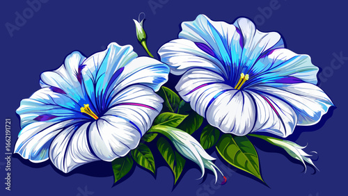 Two delicate white petunia flowers bloom with striking blue veins, fuzzy buds emerging, soft textures glowing, graceful elegance unfolding, natural charm radiating, pure background highlighting detail