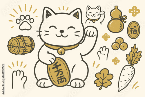 Maneki Neko Lucky Cat Vector Illustration Set