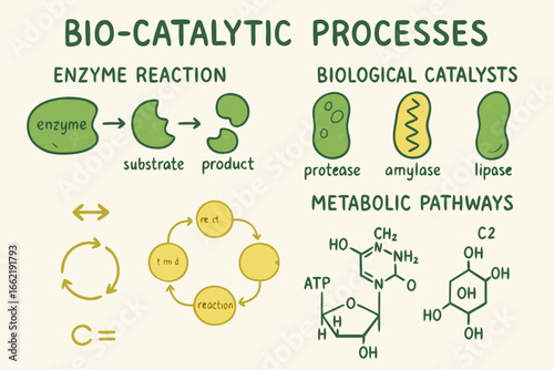 Bio-Catalytic Processes Diagram: Enzyme Reaction, Biological Catalysts, Metabolic Pathways Illustration