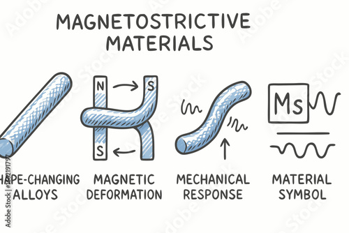 Magnetostrictive Materials Illustration: Shape-Changing Alloys, Magnetic Deformation, Mechanical Response, Material Symbol