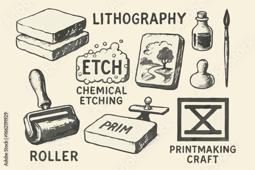 Lithography and Printmaking Hand-Drawn Vector Illustration