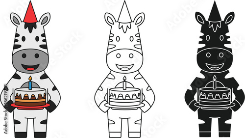 Three zebras wearing party hats holding birthday cakes illustration