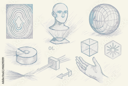 Hologram Elements Sketch - Technology, Science, Futuristic Illustration