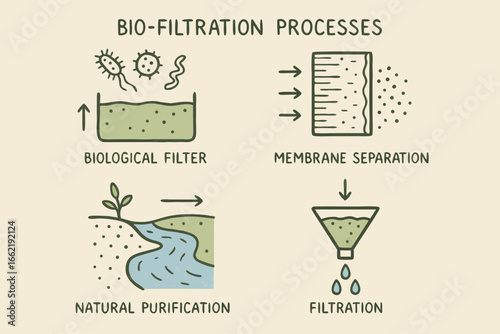 Bio-Filtration Processes: Biological Filter, Membrane Separation, Natural Purification, and Simple Filtration Illustration
