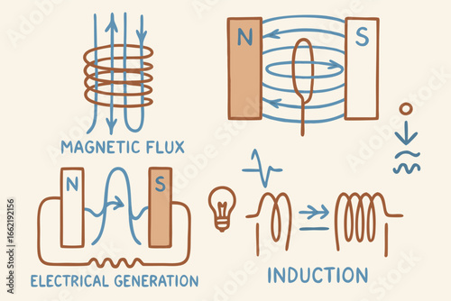 Electromagnetic Induction and Electrical Generation Concepts, Hand-Drawn Style