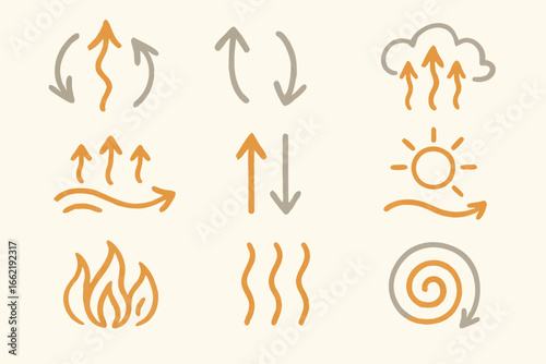 Heat and Energy Transfer Icons, Hand-Drawn Style, Beige Background