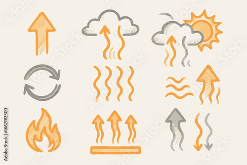 Hand-Drawn Heat Transfer Icons: Convection, Conduction, Radiation, Evaporation
